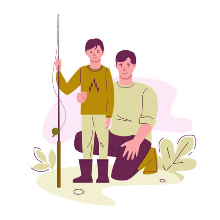 Father and son with a fishing rod. The concept of family outdoor recreation. Vector illustration in flat.のイラスト素材