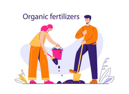 The family is gardening. A man digs the ground with a shovel and a woman puts fertilizer into the soil. Vector illustration in flat cartoon style. Isolated on a white background.のイラスト素材