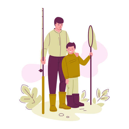Father and son are fishing. They have a fishing rod and a net. Vector illustration in flat cartoon style.のイラスト素材