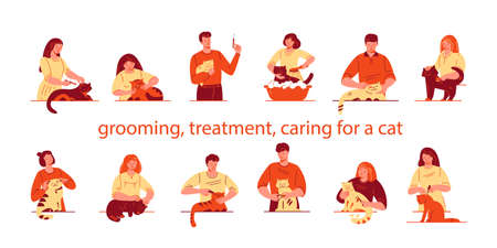 Treatment grooming pet care. Man woman with cat set. Vector illustration in flat cartoon style.のイラスト素材