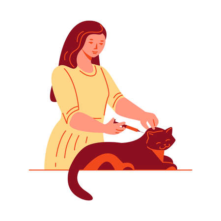 A young woman gives an injection to a cat. Pet care treatment. Vector illustration in flat cartoon style.のイラスト素材