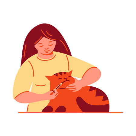 Young woman gives medicine to the cat. Pet care treatment. Vector illustration in flat cartoon style.のイラスト素材