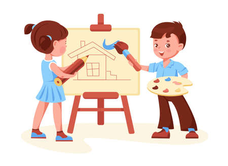 A boy and a girl are painting on an easel. Vector illustration in cartoon style. Isolated on a white.のイラスト素材