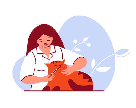 Woman doctor veterinarian gives medicine to the cat. Pet care treatment. Vector illustration in flat cartoon.のイラスト素材