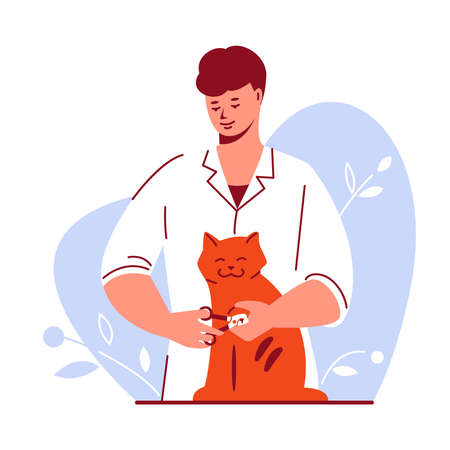 Male doctor veterinarian cuts the claws of the cat. Pet care grooming concept. Vector illustration in flat style. Isolated on a white.のイラスト素材