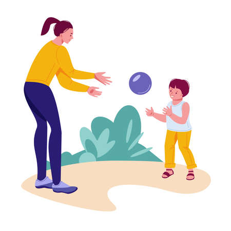 Mom and son play ball in nature. Active summer vacation concept. Vector illustration in flat.のイラスト素材