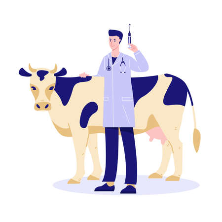 Vaccination of livestock. A veterinarian with a syringe next to a cow. Vector illustration in flat cartoon.のイラスト素材