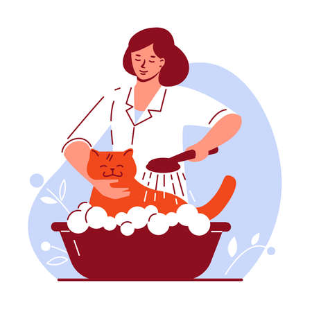 Treatment, pet care concept. Young woman veterinarian washes the cat. Vector illustration in flat cartoon.のイラスト素材