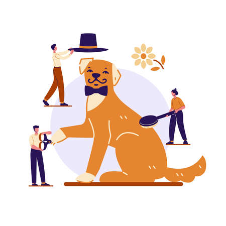 Pet grooming concept. People cut their claws, comb, take care of the dog. Vector illustration in flat cartoon style.のイラスト素材