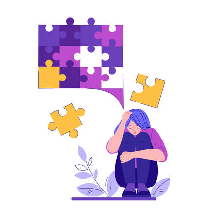 The girl solves a problem, looking for a solution by collecting puzzles. Vector illustration in flat cartoon style.のイラスト素材