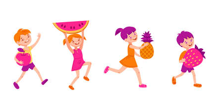Children with fruits and berries. Vector illustration in flat cartoon style. Isolated on a white background.のイラスト素材