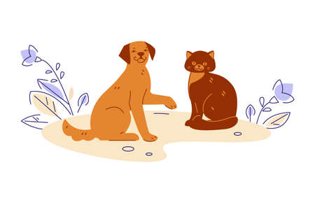 Cat and dog in nature. Vector illustration in flat cartoon style.のイラスト素材