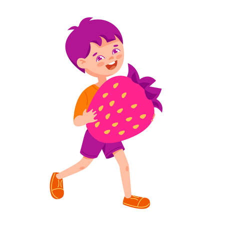 Little boy with strawberries. Vector illustration in flat cartoon style.のイラスト素材