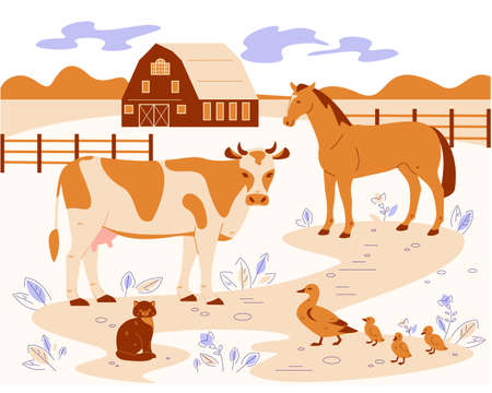 Farm animals on the background of the rural landscape. Vector illustration in flat cartoon style.のイラスト素材