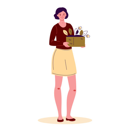 A woman is holding a box with plants. Vector illustration in flat cartoon style. Isolated on a white background.のイラスト素材