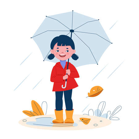 Cute little girl with an umbrella in rubber boots in the rain. Vector illustration in cartoon style.のイラスト素材