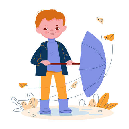 Cute little boy with umbrella in rubber boots. Windy weather autumn leaves. Vector illustration in cartoon style.のイラスト素材