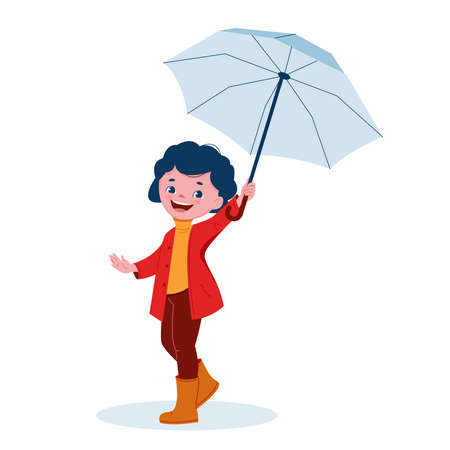 Cute little girl with an umbrella in rubber boots. Vector illustration in cartoon style.のイラスト素材