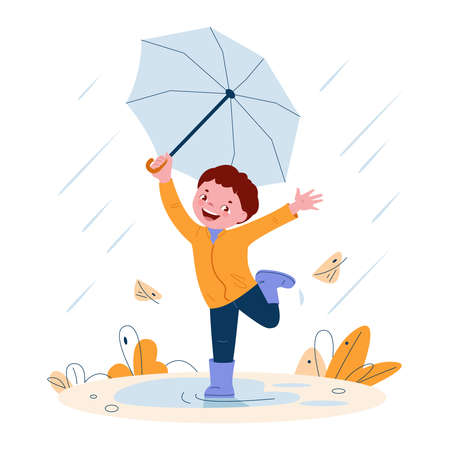 Cute little boy with umbrella in rubber boots. Windy weather autumn leaves. Vector illustration in cartoon style.のイラスト素材