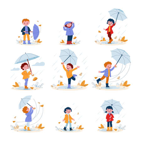 Cute smiling kids with umbrellas in rubber boots in the rain. Set of vector illustrations in flat cartoon style.のイラスト素材
