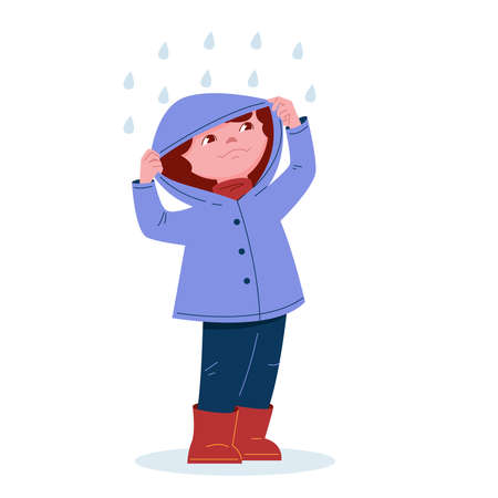 Cute little girl in a raincoat with a hood in rubber boots in the rain. Vector illustration in cartoon style.のイラスト素材