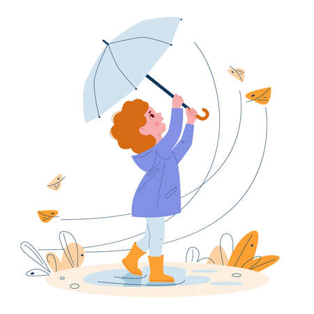 Cute little girl with umbrella in rubber boots. Windy weather autumn leaves. Vector illustration in cartoon style.のイラスト素材