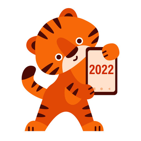 Cute tiger with a smartphone. Happy new year 2022. Vector illustration in cartoon style. Isolated on a white background.のイラスト素材