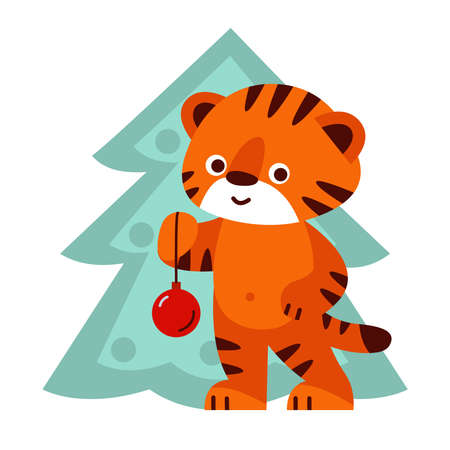Cute tiger with a Christmas tree. Vector illustration in cartoon style. Isolated on a white background.のイラスト素材