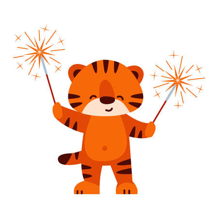 Cute tiger with sparklers. Vector illustration in cartoon style. Isolated on a white background.のイラスト素材