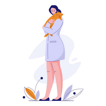 Veterinarian doctor with a cat in a medical gown. Vector illustration in flat.のイラスト素材