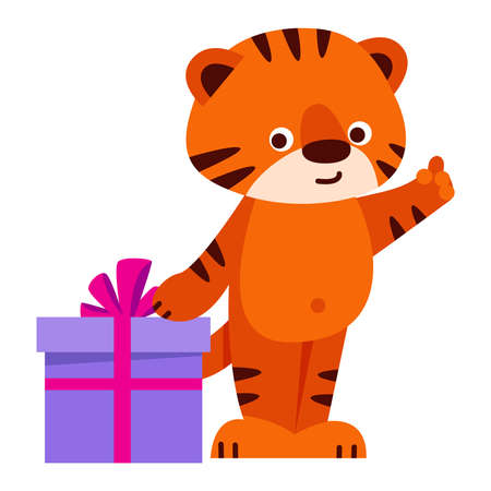 Cute tiger with a gift box. Vector illustration in cartoon style. Isolated on a white background.のイラスト素材