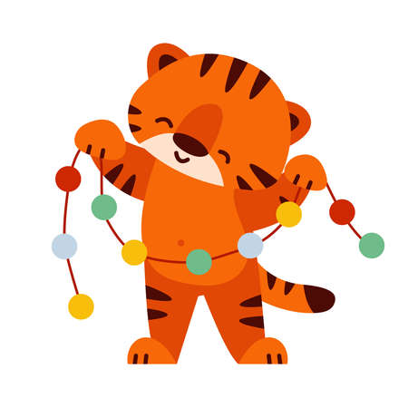 Cute tiger with Christmas garland. Vector illustration in cartoon style. Isolated on a white background.のイラスト素材