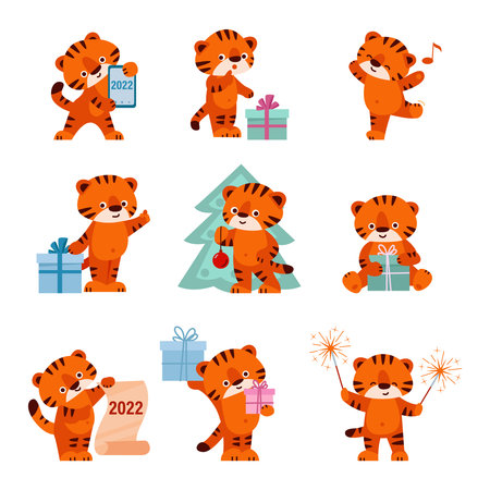 Set of cute tigers. Happy New Year. Vector illustration in cartoon style. Isolated on a white background.のイラスト素材