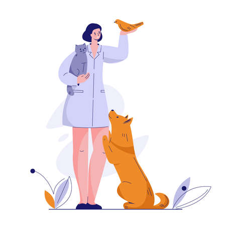 Doctor veterinarian with animals cat dog bird. Vector illustration in flat style.のイラスト素材