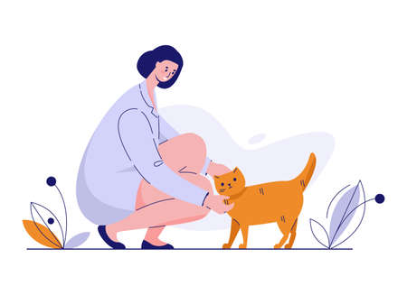 Veterinarian doctor with a cat in a medical gown. Vector illustration in flat style.のイラスト素材