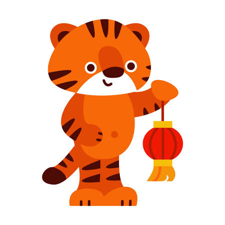 Cute tiger with a red lantern. 2022 chinese new year. Vector illustration in cartoon style. Isolated on a white background.のイラスト素材