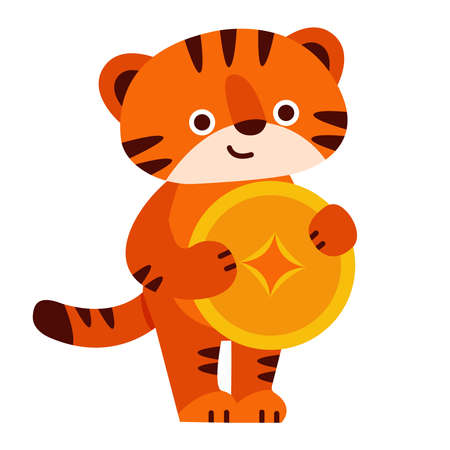 Cute tiger with a gold coin. Vector illustration in cartoon style. Isolated on a white background.のイラスト素材