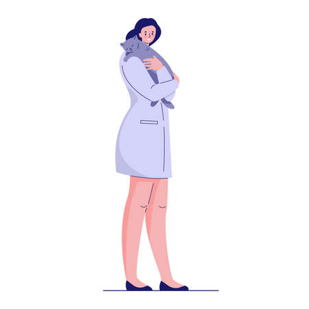 Veterinarian doctor with a cat in a medical gown. Vector illustration in flat style.のイラスト素材