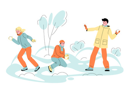 Young people are playing snowballs fight. Fun games on the background of a winter landscape. Vector illustration in cartoon style.のイラスト素材