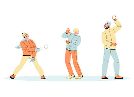 Young people are playing snowballs fight. Fun winter games. Vector illustration in cartoon style.のイラスト素材