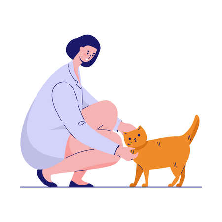 Veterinarian doctor with a cat in a medical gown. Vector illustration in flat style.のイラスト素材