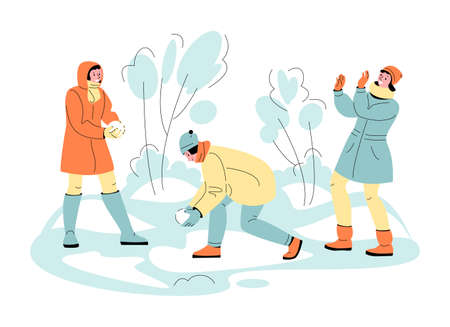 Young people girls play snowballs fight in the park. Fun winter games. Vector illustration in cartoon style.のイラスト素材