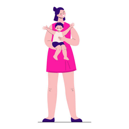Happy mother holds a joyful toddler in her arms. Vector illustration in flat style.のイラスト素材