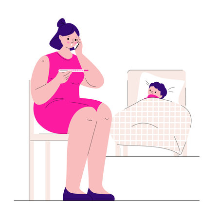The child is sick with a high fever. The mother looks at the thermometer and calls the doctor. Vector illustration in flat style.のイラスト素材