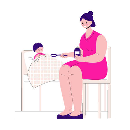 The sick child lies in bed. The mother gives him medicine. Vector illustration in flat style.のイラスト素材