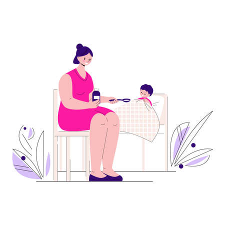 The sick child lies in bed. The mother gives him medicine. Vector illustration in flat style.のイラスト素材