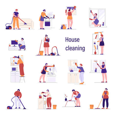 Housewives are cleaning the living room kitchen. Set of vector illustrations in flat style.のイラスト素材