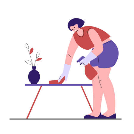 Housewife housekeeper woman cleaning the house wipes dust from the table. Vector illustration in flat style.のイラスト素材