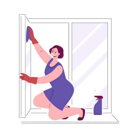 Housewife housekeeper woman doing cleaning in the house washes the window. Vector illustration in flat style.のイラスト素材