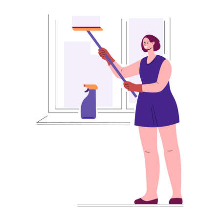 Housewife housekeeper woman doing cleaning in the house washes the window. Vector illustration in flat style.のイラスト素材